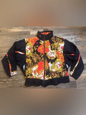 Black Multicolor Retro Print Bomber Jacket vintage women’s size M medium spurs
